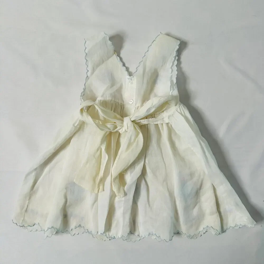 Vintage Spring Easter Flower Basket Pinafore Tie Back Apron Dress Sz 0-3 mo